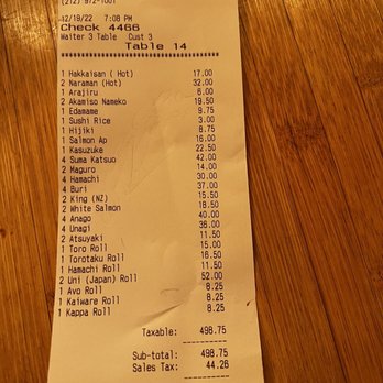 Sushi Yasuda - Total bill for 3 - Sushi Bars Near Me - New York, New York Sushi Yasuda - Total bill for 3 - Sushi Bars Near Me - New York, New York