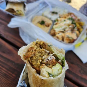 Crazy Gyros - Falafel wrap with veggies, chicken shawarma plate with hummus and tzatziki - Food Trucks Near Me - Dallas, Oregon Crazy Gyros - Falafel wrap with veggies, chicken shawarma plate with hummus and tzatziki - Food Trucks Near Me - Dallas, Oregon