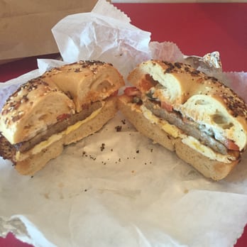 Wholy Bagel - Sausage, egg, hot sauce, mayo, capers, tomato on everything. Delicious. - Bagels Near Me - Austin, Texas