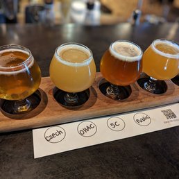 Vault Brewing - a flight of beers on a wooden tray - drink - Breweries Near Me - Yardley, Pennsylvania