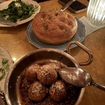 Mother Wolf - SFINCIONE IN BIANCO (focaccia) and POLPETTE DI BRASATO (short rib meatballs) - Italian Near Me - Miami, Florida