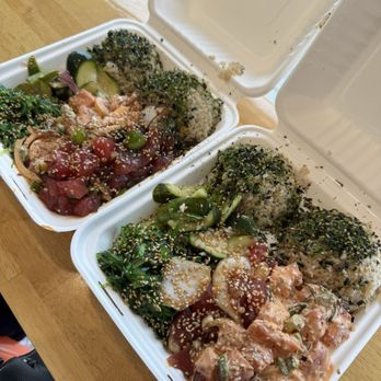 Jus' Poke - Large bowl with white rice, spicy ahi, sweet heat, seaweed salad, cucumber salad, furikake, and sesame seeds - Hawaiian Near Me - Redondo Beach, California Jus' Poke - Large bowl with white rice, spicy ahi, sweet heat, seaweed salad, cucumber salad, furikake, and sesame seeds - Hawaiian Near Me - Redondo Beach, California