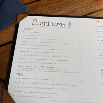 Luminosa - The left side of the menu with wood fired pizza - Italian Near Me - Asheville, North Carolina