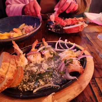 Waterfall - Mango Ceviche and Camerones Al Ajillo (Garlic Shrimp and Langostino) - Seafood Near Me - San Francisco, California