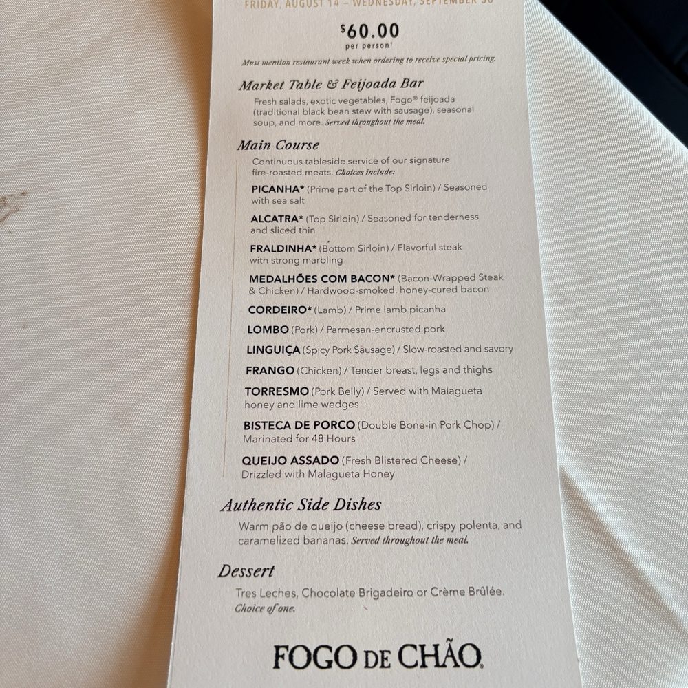 Fogo de Chão - Orlando Magical Dining dinner menu $60 pp - Brazilian Near Me - Orlando, Florida Fogo de Chão - Orlando Magical Dining dinner menu $60 pp - Brazilian Near Me - Orlando, Florida