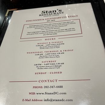 Stan's Restaurant & Bar - Front of menu - Seafood Near Me - Washington, DC, District of Columbia Stan's Restaurant & Bar - Front of menu - Seafood Near Me - Washington, DC, District of Columbia