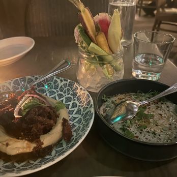 Aba - Brisket Hummus, charred eggplant and the most beautiful veggies ever. - Mediterranean Near Me - Austin, Texas Aba - Brisket Hummus, charred eggplant and the most beautiful veggies ever. - Mediterranean Near Me - Austin, Texas