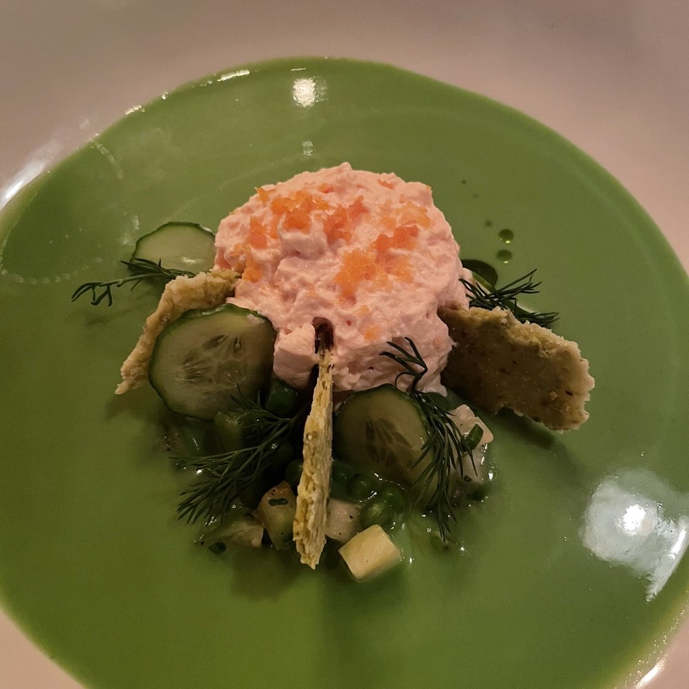 Antidote FoodLab - a bowl of soup with cucumbers and salmon - Canadian (New) Near Me - Sherbrooke, Quebec
