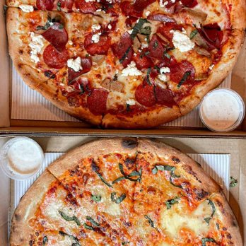 Burrata Pizzeria - Margherita (below)/Italian Quattro Meat Lover (above) + Best Garlic Dip - Pizza Near Me - Vancouver, British Columbia
