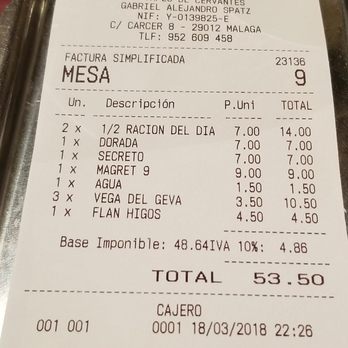 Tapeo de Cervantes - Bill. Very inexpensive, for one of the best meals I have had in my life. - Spanish Near Me - Malaga, Massachusetts