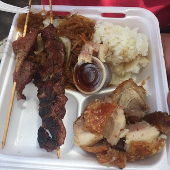 Dick's Lechon - Tried the mixed plates, this one came with rice, pancit, Lechon belly, and bbq stick... Yummy! - Filipino Near Me - Waipahu, Hawaii