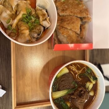 Nan Xiang Express - spicy peanut dumplings (left), beef scallion pancake (top right), braised beef soup (bottom) - Shanghainese Near Me - Boston, Massachusetts Nan Xiang Express - spicy peanut dumplings (left), beef scallion pancake (top right), braised beef soup (bottom) - Shanghainese Near Me - Boston, Massachusetts