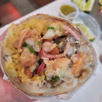 Tacos Y Que - Steak and shrimp burrito cut in half - Tacos Near Me - Whittier, California
