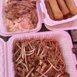 ChaCha Eggroll & Food - Hmong sausage and sticky rice, eggrolls, and chicken stir fry noodles.