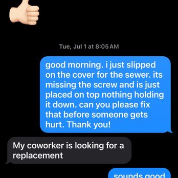 Williamson Management - The image shows a screenshot of a text message conversation on a smartphone. The messages include a request for plumbing repair, specifically fixing a sewer cover that is missing a screw, and a reply indicating that a coworker is looking for a replacement. The conversation also mentions the coworker and team entering a home without notice. The interface displays typical messaging app elements, such as message bubbles, timestamps, and contact information. - Property Management Near Me - Bensenville, Illinois