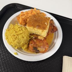 ChefKym - Baked chicken, yellow rice, Mac and cheese, cornbread