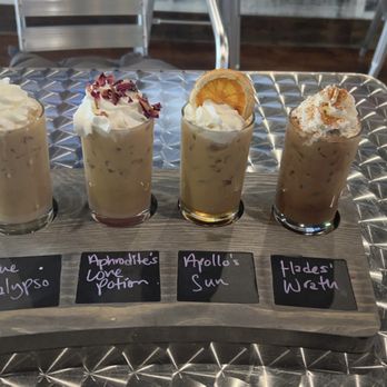 Calypso Coffee Bar - Coffee Flight with: The Calypso, Aphrodite's Love Potion, Apollo's Sun, and Hades' Wrath - Coffee & Tea Near Me - Apopka, Florida