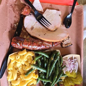 Terry Black's Barbecue - Turkey, jalapeno sausage, Mac & cheese, and green beans. - Barbeque Near Me - Fort Worth, Texas