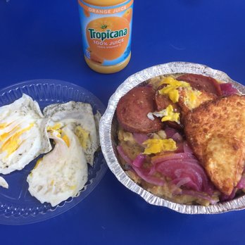 El Castillo Del Pollo - Mangú with fried egg, cheese, and salami & a good ol OJ on the side - New American Near Me - Queens, New York