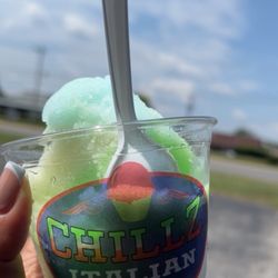 Chillz Italian Ice - Size small ( 2 scoops ) Green apple , pina colada and a tiny scoop of cotton candy.