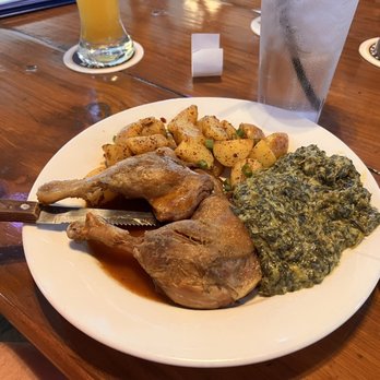 Bavarian Grill - Duck leg with potatoes and creamed spinach - German Near Me - Plano, Texas Bavarian Grill - Duck leg with potatoes and creamed spinach - German Near Me - Plano, Texas