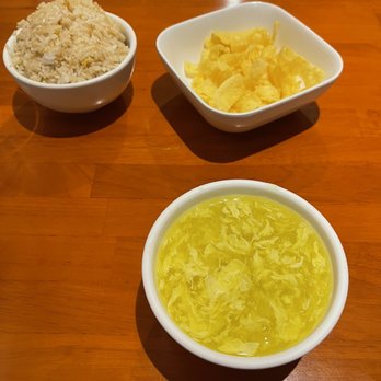 Hong Kong Star Restaurant - Egg drop soup with fried wonton strips and rice. - Chinese Near Me - Olathe, Kansas