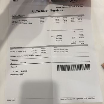 Ulta Beauty - My bill for my hair- a bit on the expensive side! - Cosmetics & Beauty Supply Near Me - Seekonk, Massachusetts Ulta Beauty - My bill for my hair- a bit on the expensive side! - Cosmetics & Beauty Supply Near Me - Seekonk, Massachusetts