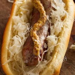 Gourmet Hot Dogs - German Sausage with organic sauerkraut and spicy mustard