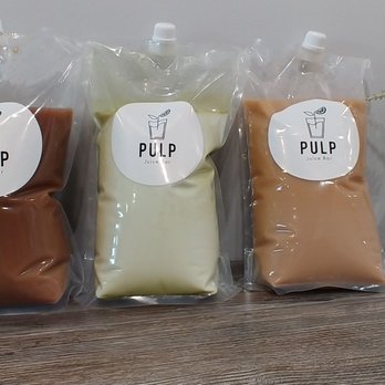 Pulp Juice Bar - Left to right: lavender milk tea, matcha green milk tea, and honey milk tea - Juice Bars & Smoothies Near Me - Orange, California Pulp Juice Bar - Left to right: lavender milk tea, matcha green milk tea, and honey milk tea - Juice Bars & Smoothies Near Me - Orange, California