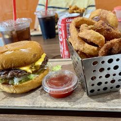 Krush Burgers and Rotisserie - Cheeseburger with onion rings