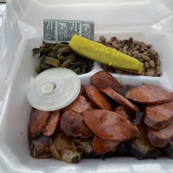 Big 6’s BAR-B-QUE - Brisket and sausage, greens and pinto beans. Also cornbread- not shown. They give you a packet of hot sauce which I appreciated.