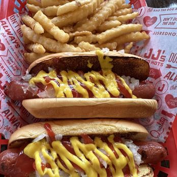 JJ's Red Hots - Dilworth - Beef hotdog with mustard, ketchup and sauerkraut. Coney hotdog with mustard, ketchup and onions. Didn't taste a difference between the two. - Hot Dogs Near Me - Charlotte, North Carolina JJ's Red Hots - Dilworth - Beef hotdog with mustard, ketchup and sauerkraut. Coney hotdog with mustard, ketchup and onions. Didn't taste a difference between the two. - Hot Dogs Near Me - Charlotte, North Carolina
