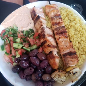 Pita 360 - Salmon kabob (x2), rice pilaf,olives, cucumber and tomato salad and spicy hummus. - Mediterranean Near Me - Gardena, California