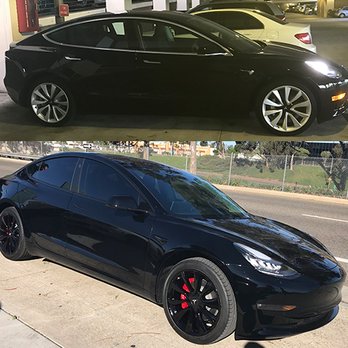 Dependable Guys - Tesla Model 3 before and after - gloss black chrome delete, tint, powder coated wheels gloss black, red calipers. - Auto Customization Near Me - Santa Ana, California