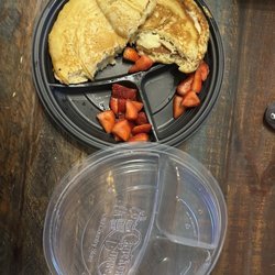 My pancakes were cut in half to fit in the to go container.