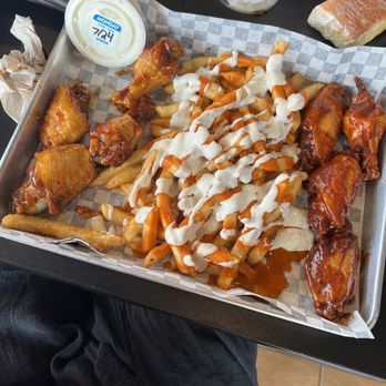 Wing Snob - 8 piece Traditional Jerk and Sweet Chili with Buffalo ranch fries with the photobomb of the cornbread in the corner. - Chicken Wings Near Me - Frisco, Texas Wing Snob - 8 piece Traditional Jerk and Sweet Chili with Buffalo ranch fries with the photobomb of the cornbread in the corner. - Chicken Wings Near Me - Frisco, Texas