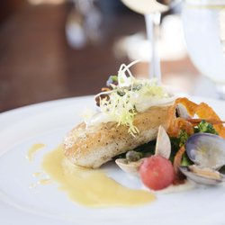 Juan de Fuca Halibut - Sautéed clams, bacon & celeriac puree, confit tomatoes