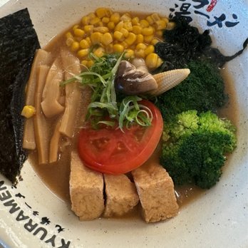Kyuramen - Vegetable Miso Ramen: Tomato, Fried Tofu, Straw Mushrooms, Baby Corn, Broccoli, Bamboo Shoots, Corn, Wakame, Scallions, Nori - Ramen Near Me - Shenandoah, Texas Kyuramen - Vegetable Miso Ramen: Tomato, Fried Tofu, Straw Mushrooms, Baby Corn, Broccoli, Bamboo Shoots, Corn, Wakame, Scallions, Nori - Ramen Near Me - Shenandoah, Texas