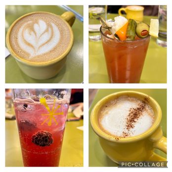 Snooze, an A.M. Eatery - Oatmilk latte. Bloody Mary. Blackberry Mint Limeade Mocktail. Cappuccino. - Breakfast & Brunch Near Me - Charlotte, North Carolina