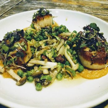 The Woolworth - Sea Scallops - salt and pepper crust, sweet potato puree, brussel sprouts, pancetta, wild mushrooms, english peas, marsala jus - Cocktail Bars Near Me - Dallas, Texas The Woolworth - Sea Scallops - salt and pepper crust, sweet potato puree, brussel sprouts, pancetta, wild mushrooms, english peas, marsala jus - Cocktail Bars Near Me - Dallas, Texas