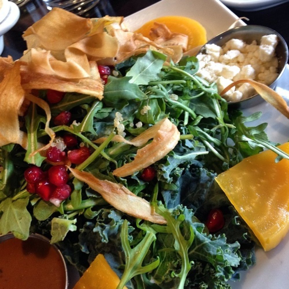 22 Bistro - Golden beet kale & arugula w pomegranates, shaved radishes, feta cheese and green goddess dressing - New American Near Me - Olympic Valley, California 22 Bistro - Golden beet kale & arugula w pomegranates, shaved radishes, feta cheese and green goddess dressing - New American Near Me - Olympic Valley, California