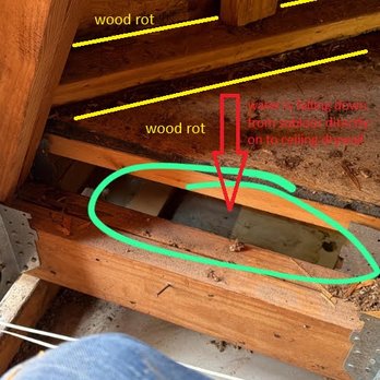 Leak Seekers - leak source - The image depicts a wooden structure with visible wood rot, water damage, and a patio wall. Yellow lines highlight the wood rot areas, and red annotations indicate water dripping from the ceiling. - Waterproofing Near Me
