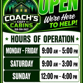 Coach's Cozy Cabins - Hours of operation - Sheds & Outdoor Storage Near Me - Cushing, Oklahoma Coach's Cozy Cabins - Hours of operation - Sheds & Outdoor Storage Near Me - Cushing, Oklahoma