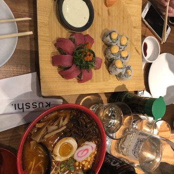 Kusshi - Spicy Ramen, Cherry Blossom Roll, Spicy Scallop Maki, sake Salmon Nigiri (2 Pieces) - Sushi Bars Near Me - Arlington, Virginia Kusshi - Spicy Ramen, Cherry Blossom Roll, Spicy Scallop Maki, sake Salmon Nigiri (2 Pieces) - Sushi Bars Near Me - Arlington, Virginia