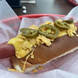 Courthouse Coney’s - Nacho cheese, jalapeños, and Fritos on a hot dog. Yum.