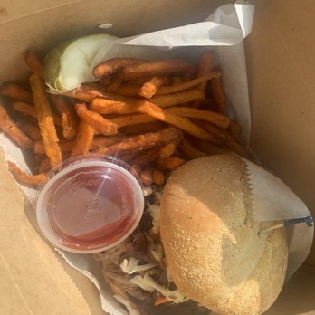 Zokas Restaurant & Bar - Pork sandwich with sweet potato fries - New American Near Me - Pine, Colorado Zokas Restaurant & Bar - Pork sandwich with sweet potato fries - New American Near Me - Pine, Colorado