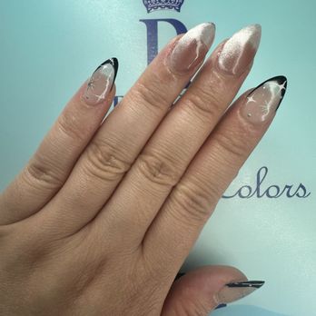 Diamond Nails - Short almond with cat eye on two fingers and black French tips with design on the rest. - Nail Salons Near Me - Roseville, California Diamond Nails - Short almond with cat eye on two fingers and black French tips with design on the rest. - Nail Salons Near Me - Roseville, California