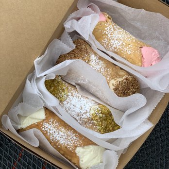 Mike's Pastry - 4 Cannolis ($5 each) L to R: ricotta, pistachio, pecan caramel, and strawberry - Bakeries Near Me - Boston, Massachusetts Mike's Pastry - 4 Cannolis ($5 each) L to R: ricotta, pistachio, pecan caramel, and strawberry - Bakeries Near Me - Boston, Massachusetts
