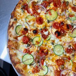 My Friend Mike’s - Tomato Confit, Zucchini, Feta and Calabrian pepper pizza