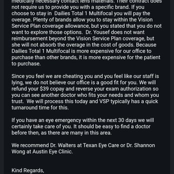 Southwest Vision  - Email consistently of false information. First paragraph is in clear violation of VSP policies. - Optometrists Near Me - Austin, Texas